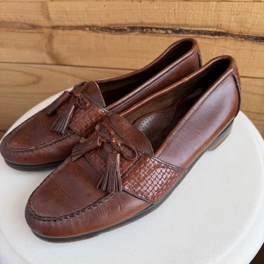 Johnston & Murphy Optima Leather Men's Loafers 9 D Brown Basket Weave Tassle VTG